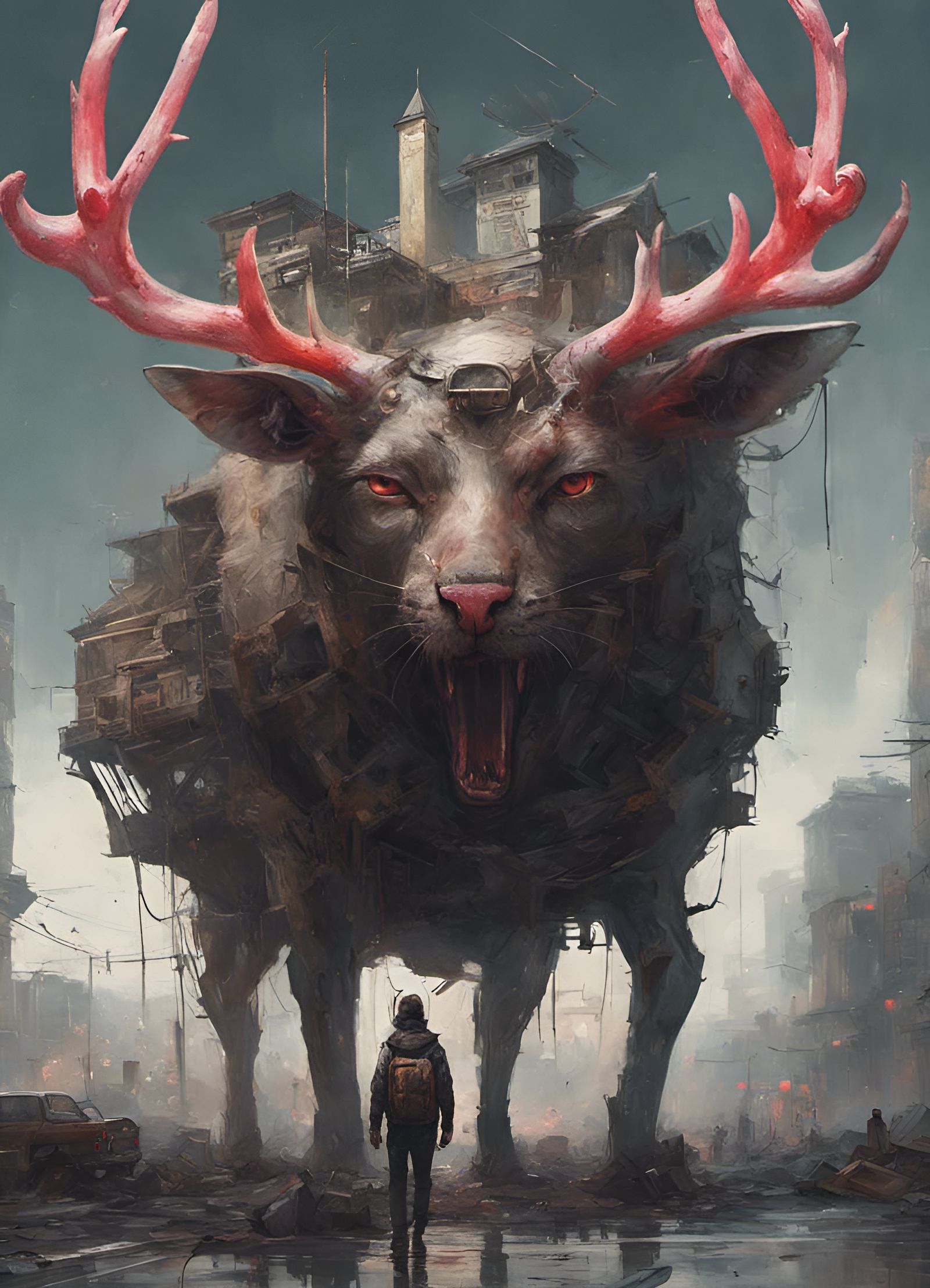 Cyberpunk Cat-Deer Hybrid with Antlers in 8K