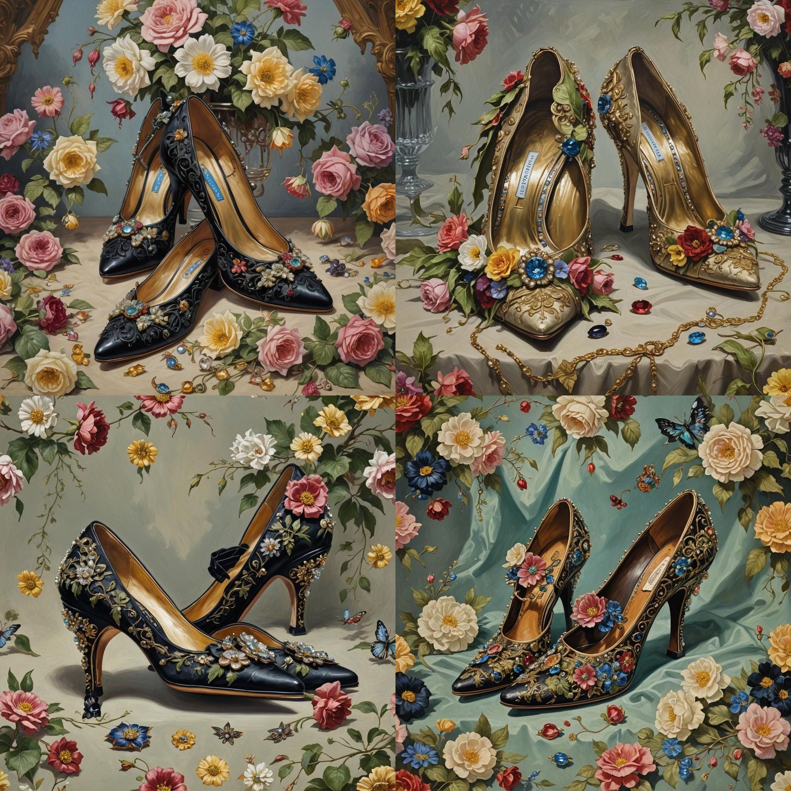 Victorian Gothic Flowery Bejeweled Heels as Oil Painting
