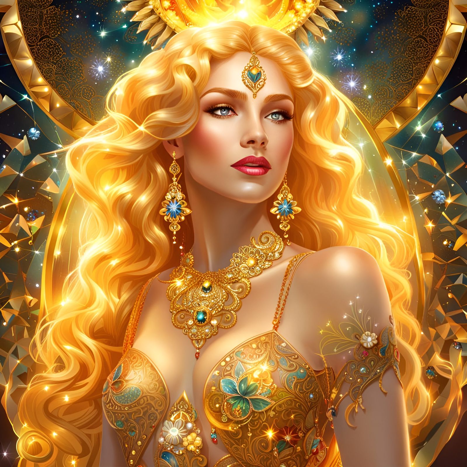 Glass-Skinned Goddess with Golden Hair in HDR