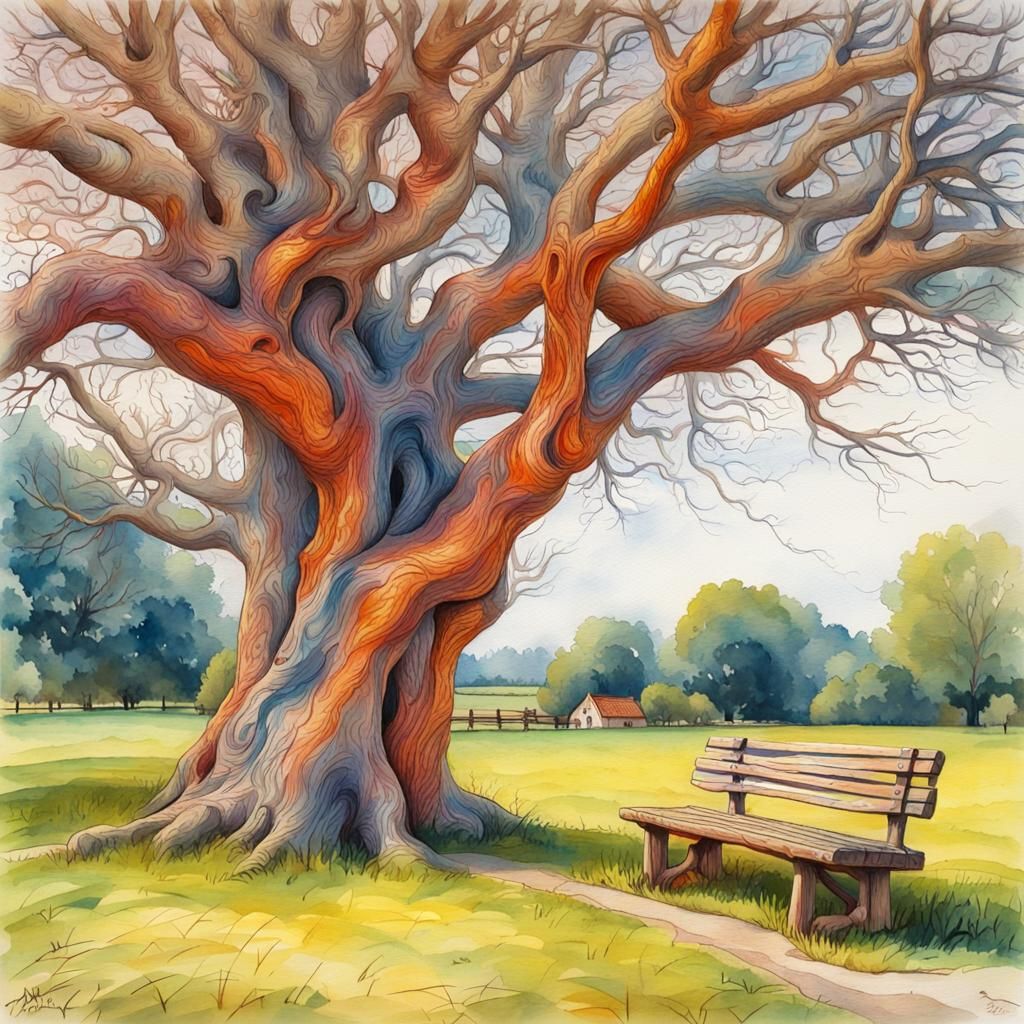 Old Twisted Tree in English Village Watercolor