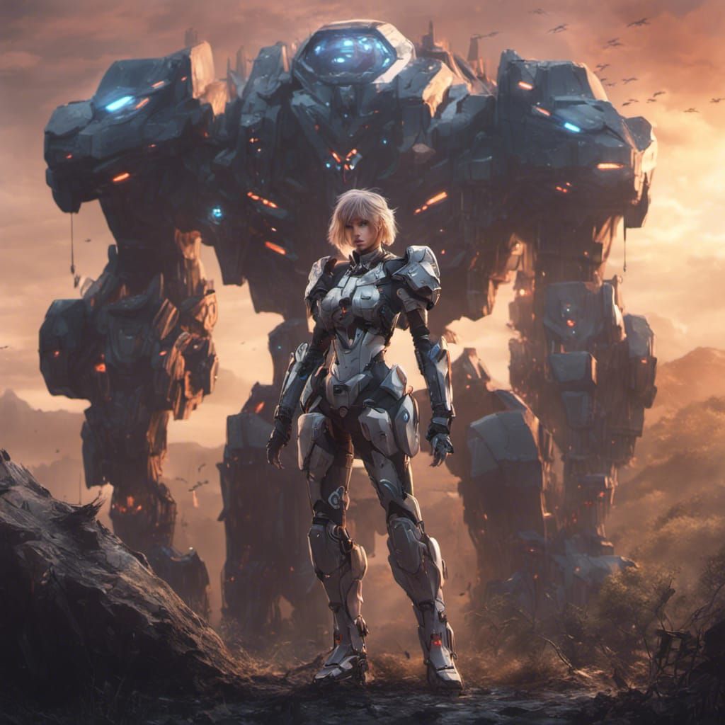 Anime Woman Confronts Mech in Detailed Matte Painting