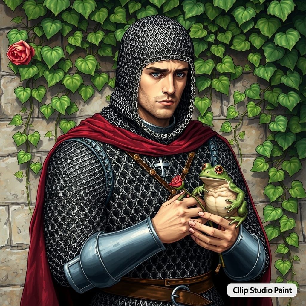 Anime Knight with Frog and Rose in Chainmail