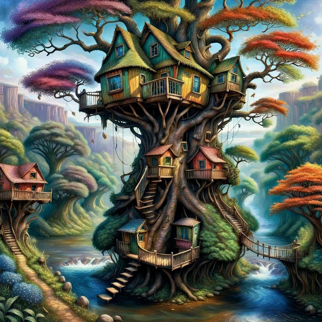 Whimsical Treehouses in Enchanted Forest: Digital Art
