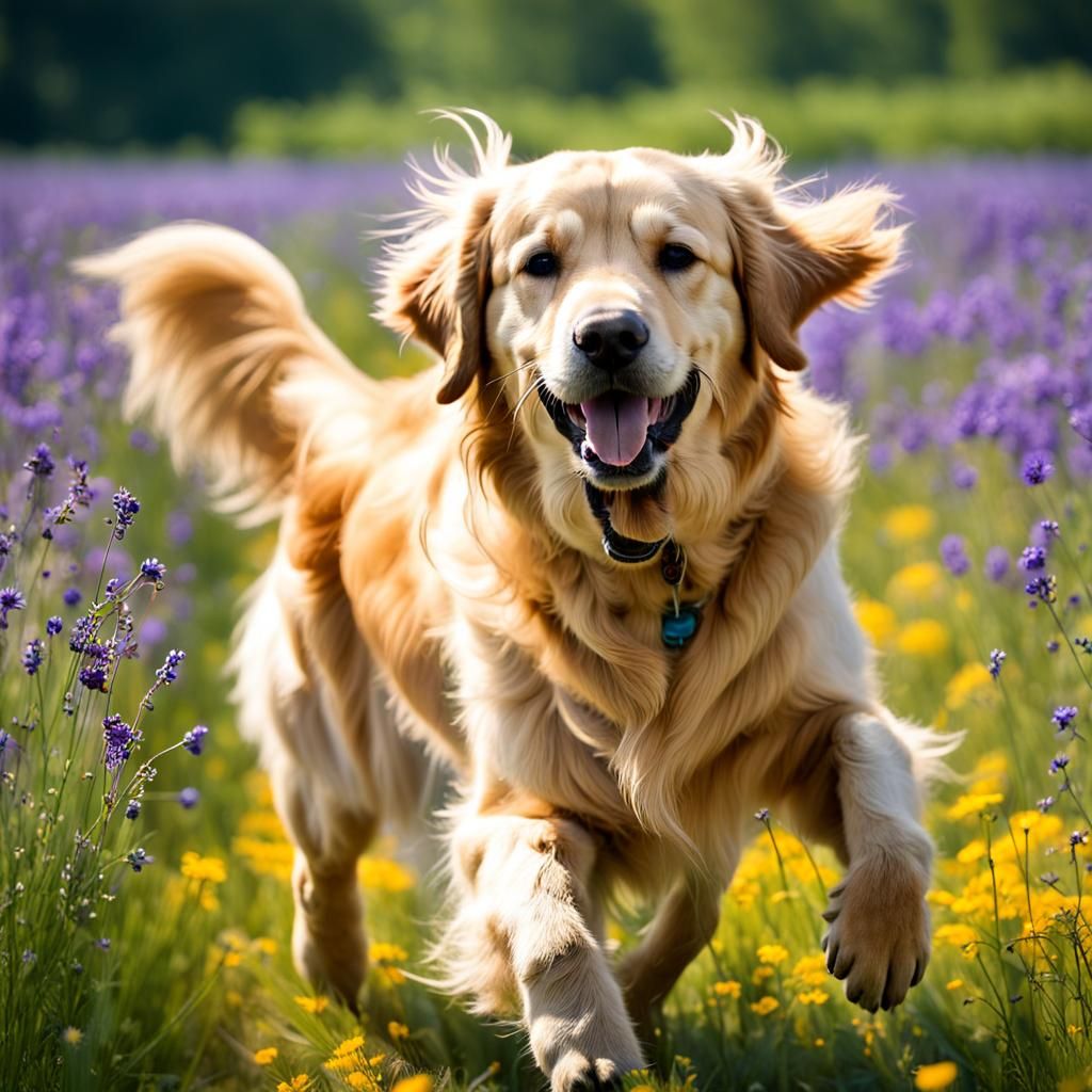 Joyful Golden Retriever in Wildflower Field: Fantasy Art