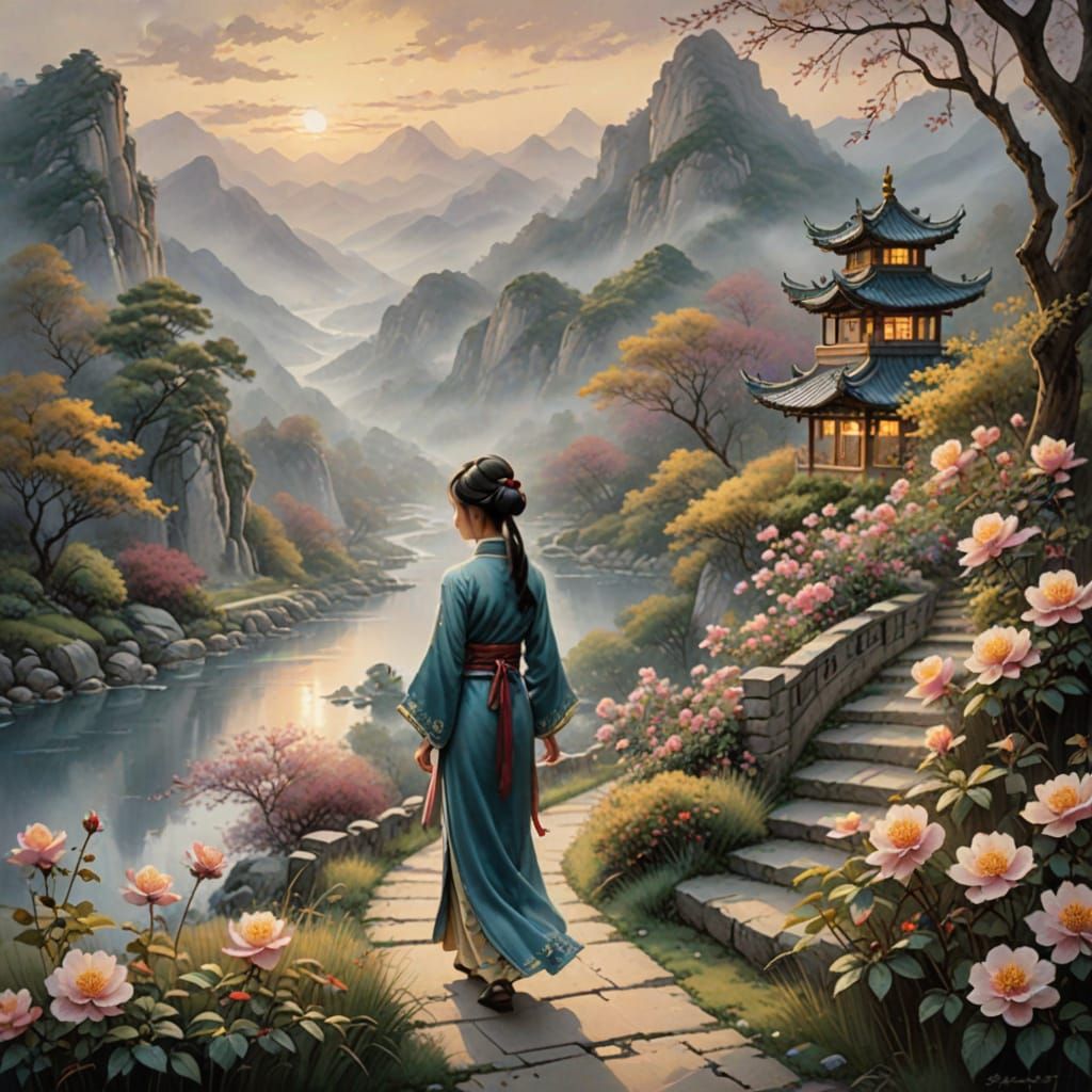 Chinese Maiden in Serene Fantasy Landscape
