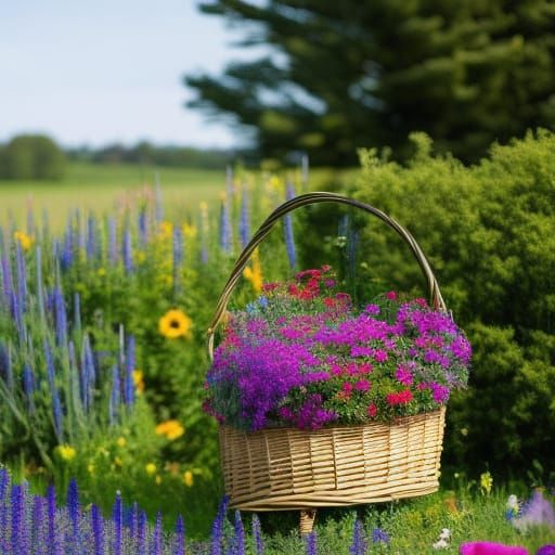 Vintage Wildflower Meadow with Wicker Basket