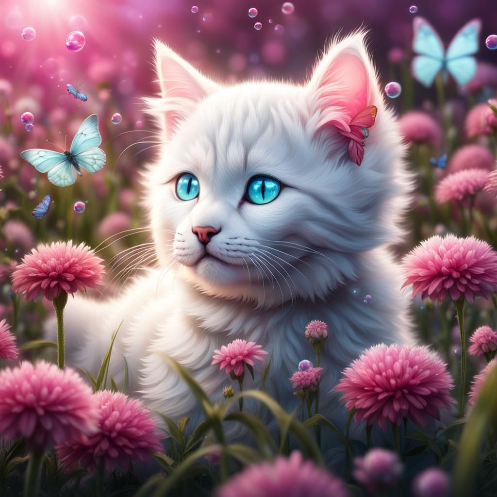 Fluffy Kitten Sleeping in Flower Field: Digital Art