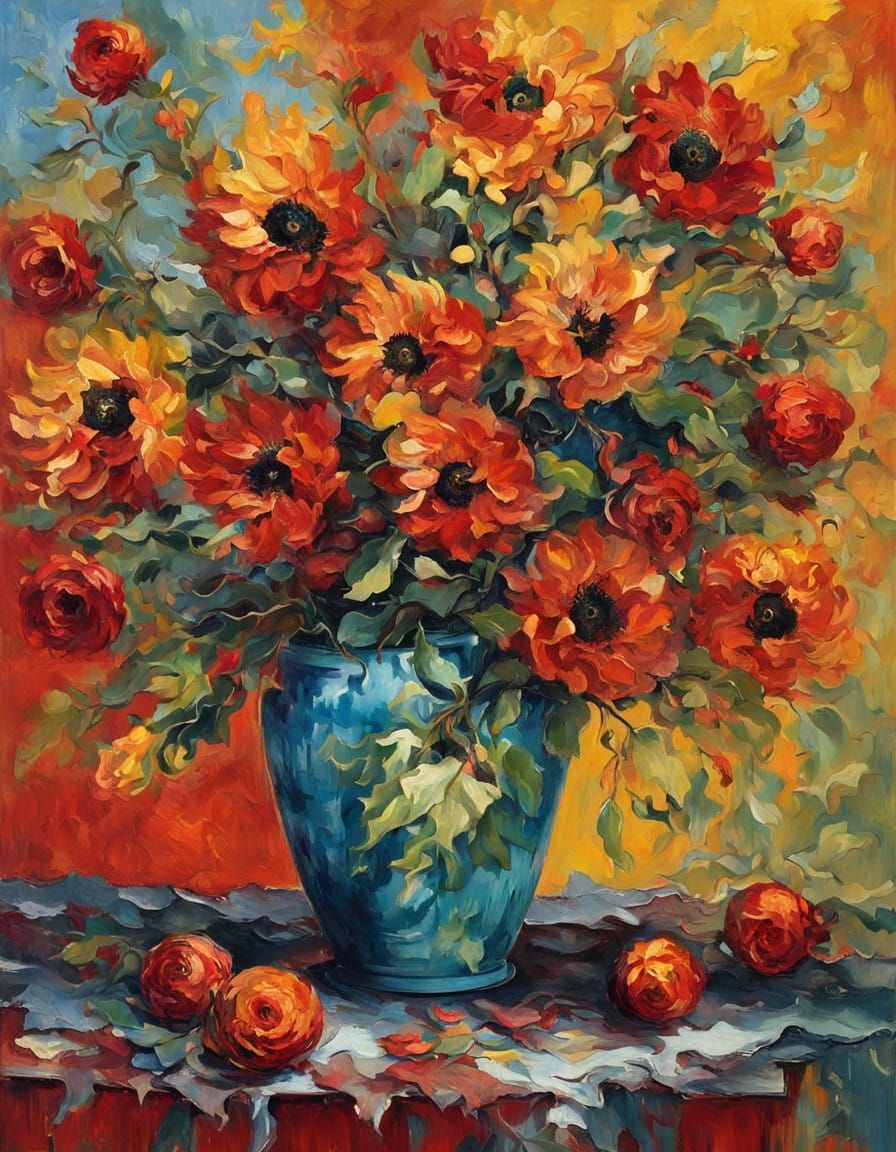 Vibrant Wreath of Red Christmas Blooms in Neo-Impressionist...