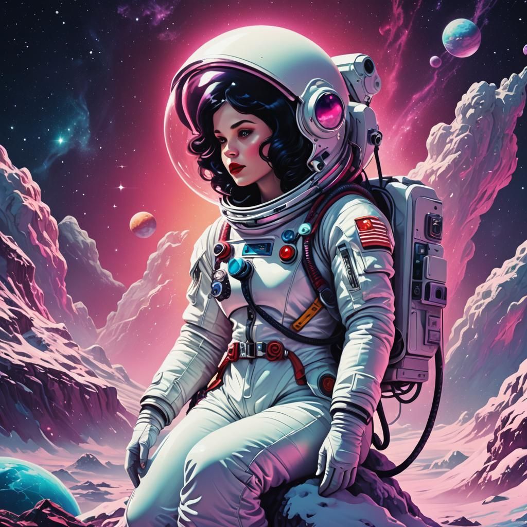 Synthwave Snow White Mermaid Cosmonaut in Neon Retro