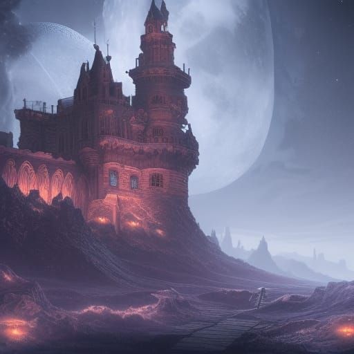 Fantastical Castle on the Moon in Detailed Matte Painting