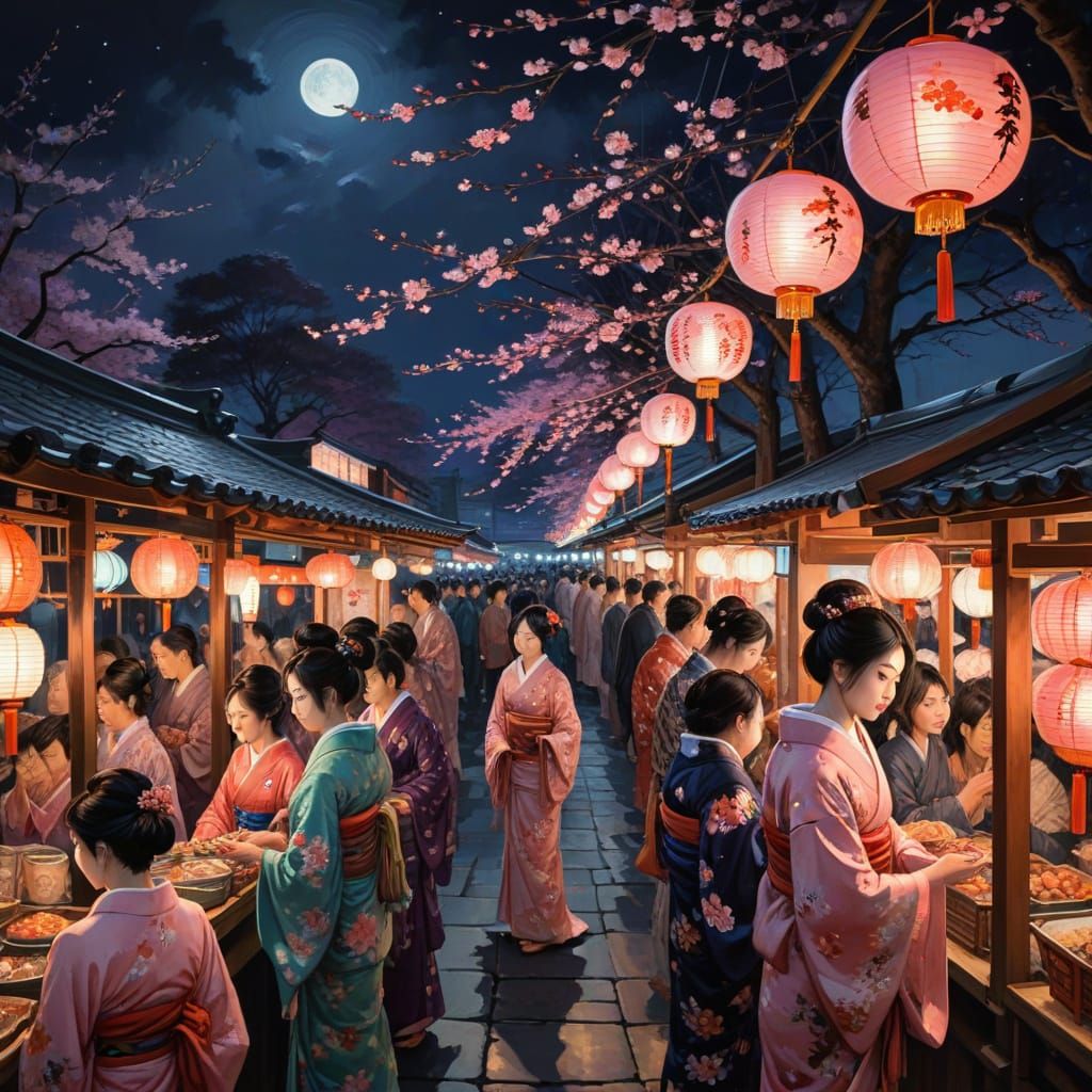 Japanese Night Market in Impressionist Style