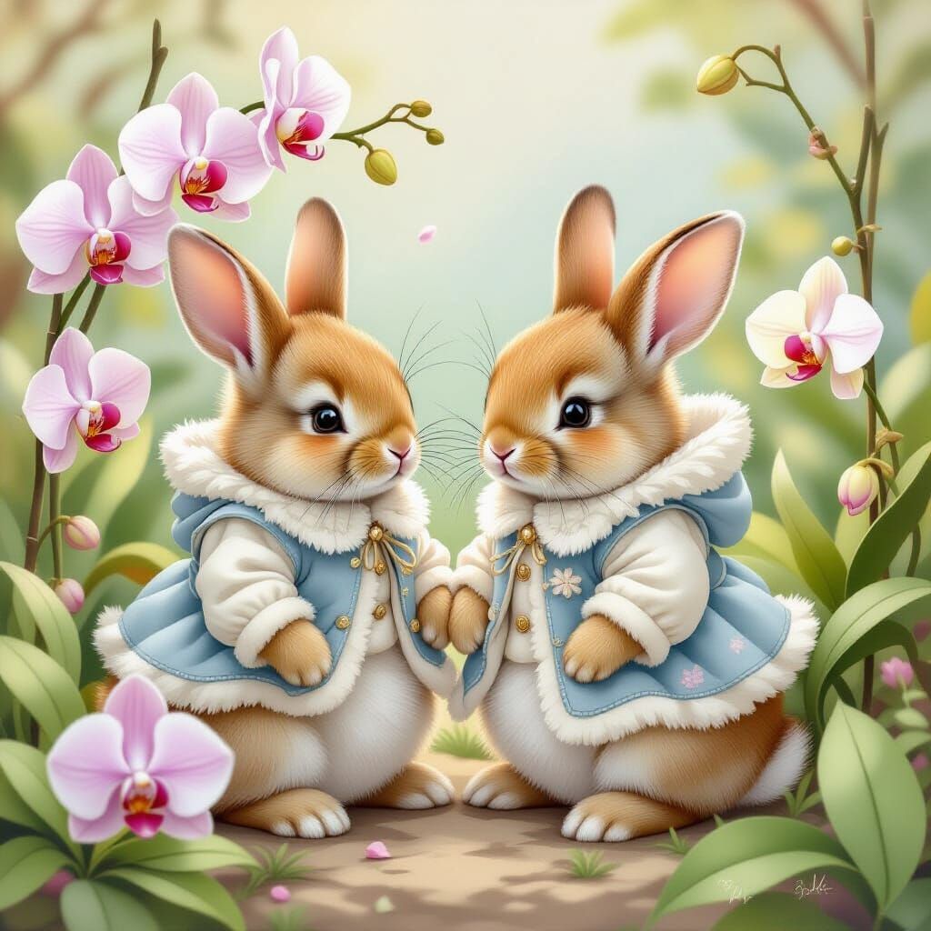 Adorable Bunnies Among Exotic Orchids