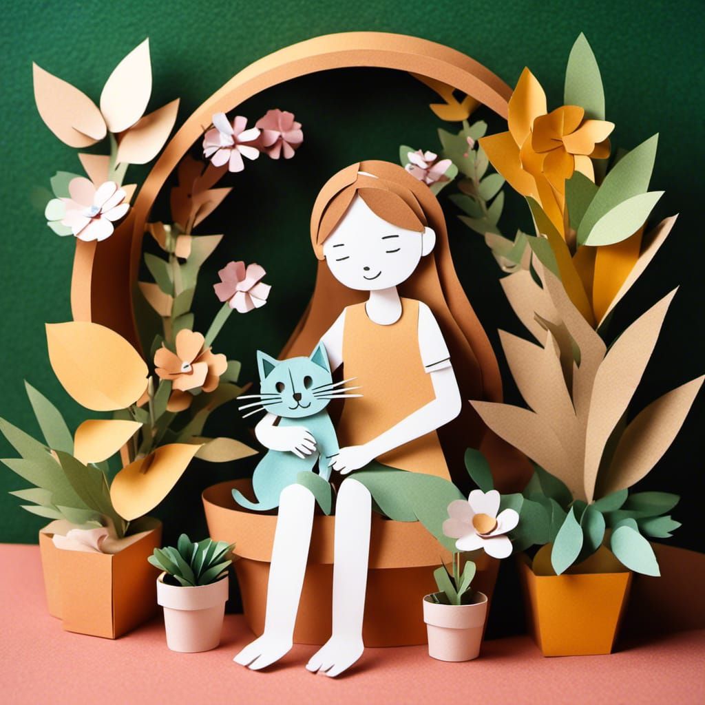 Girl Hugging Cat in 3D Paper Craft Art