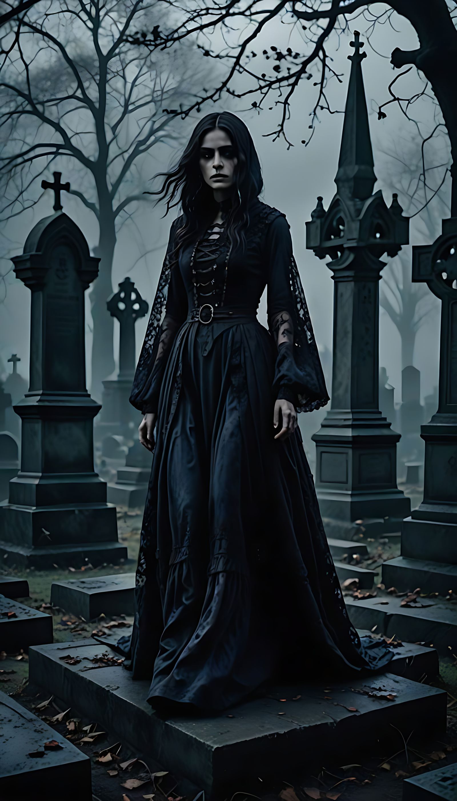 A Gothic Woman's Dark Reflection in Foggy Cemetery