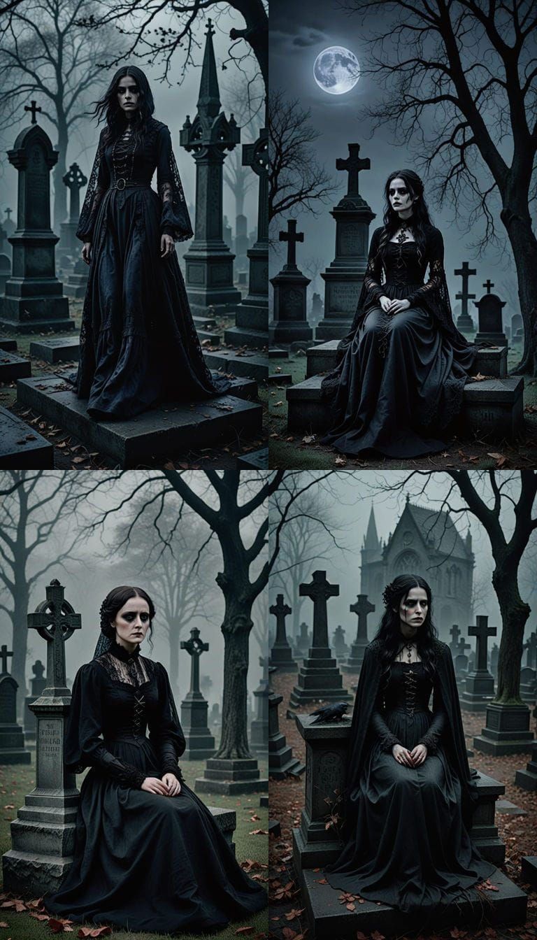 A Gothic Woman's Dark Reflection in Foggy Cemetery
