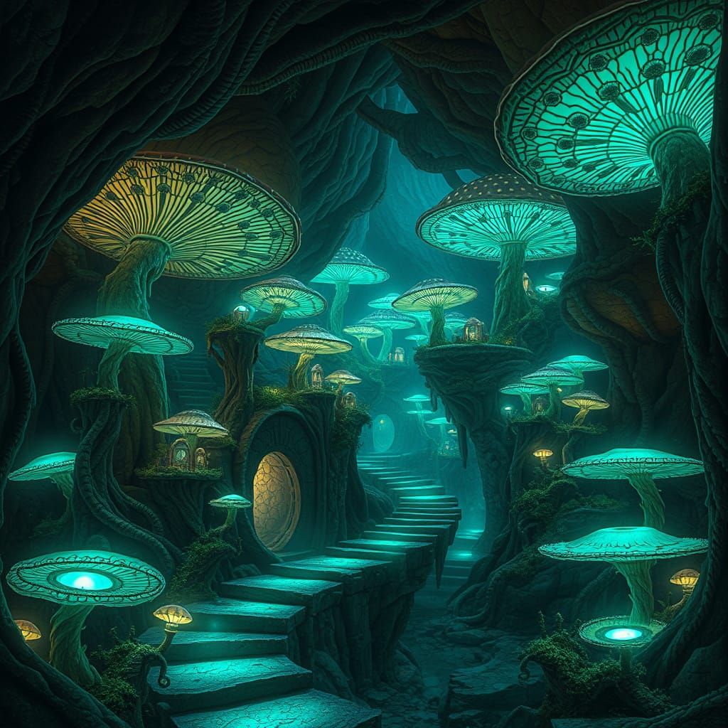 Mushroom City in Bioluminescent Cavern