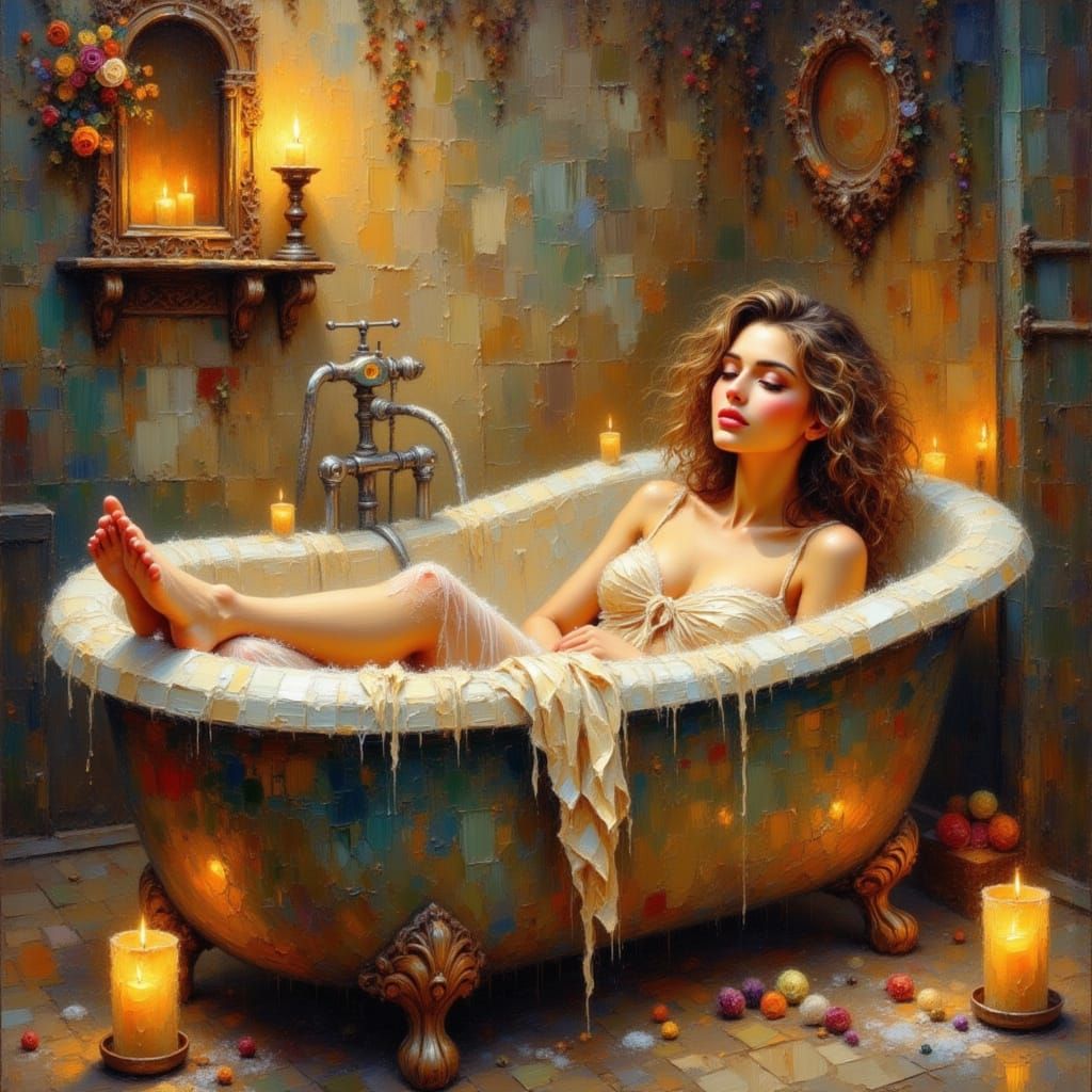 Woman in Candlelight Bubble Bath, Art Nouveau Style