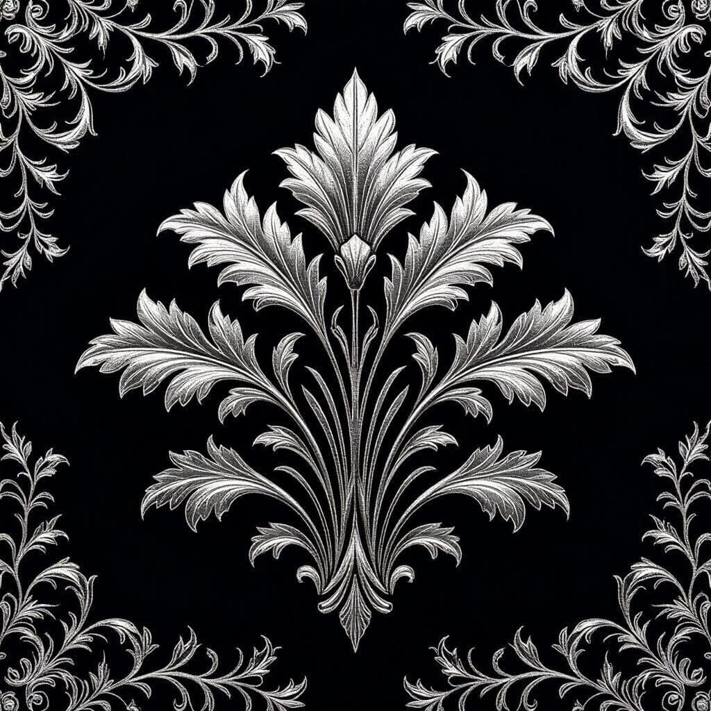 Silver Embossed Floral Pattern on Black Velvet Texture