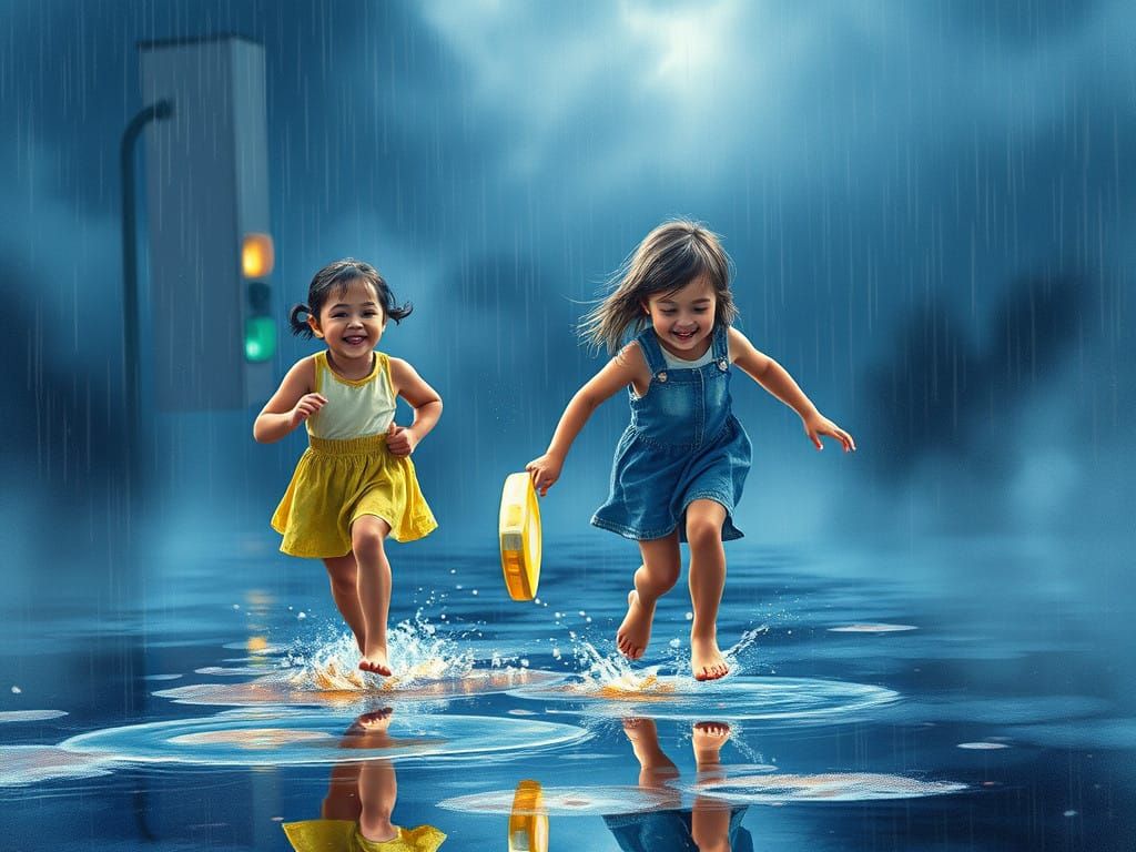 Children Splashing in Rainy Wilderness
