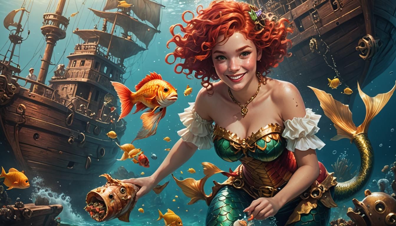 Smiling Mermaid with Golden Tail Eats Sandwich