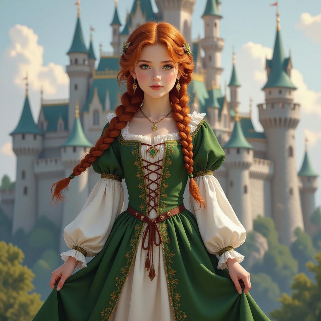 Red-Haired Girl in Medieval Dress Before Castle