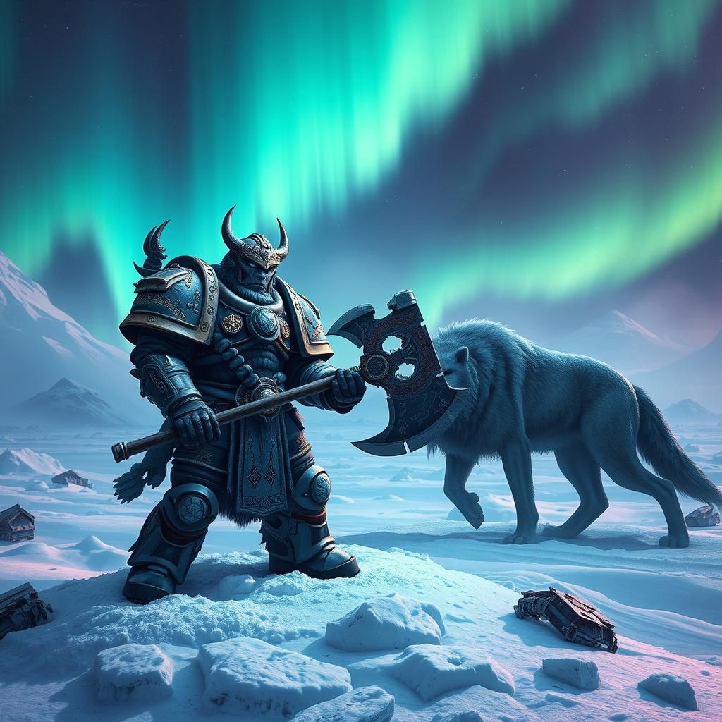 a warhammer 40k spacewolf spacemarine wielding a big axe and...