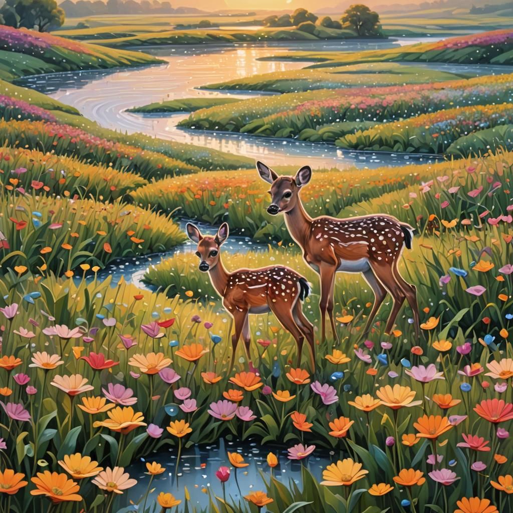 Dawn Flower Field with Deer in Abstract Style