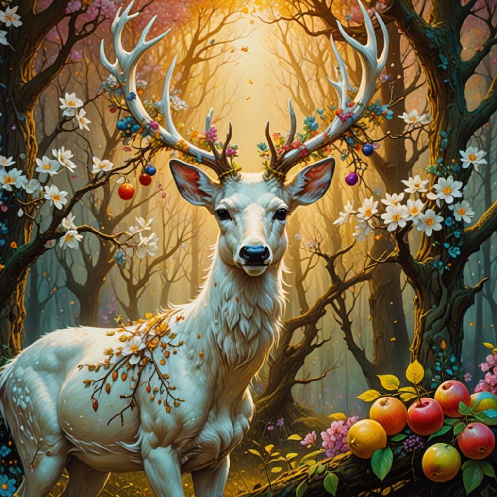 Surreal White Deer With Blossoming Tree Antlers