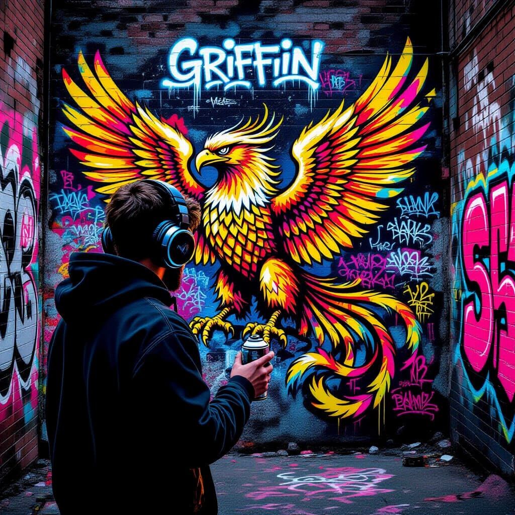 Graffiti Artist Creates Mythical Griffin Mural in Neon Alley