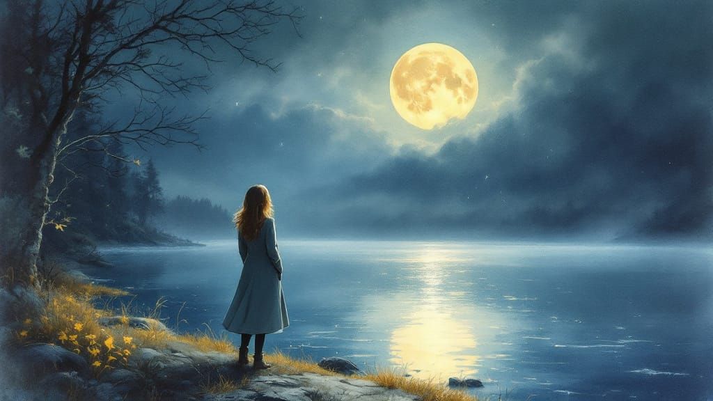 Woman Gazes at Full Moon Over Calm Lake