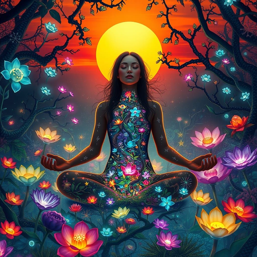 Dreamlike Mosaic of Mystical Woman and Whimsical Nature