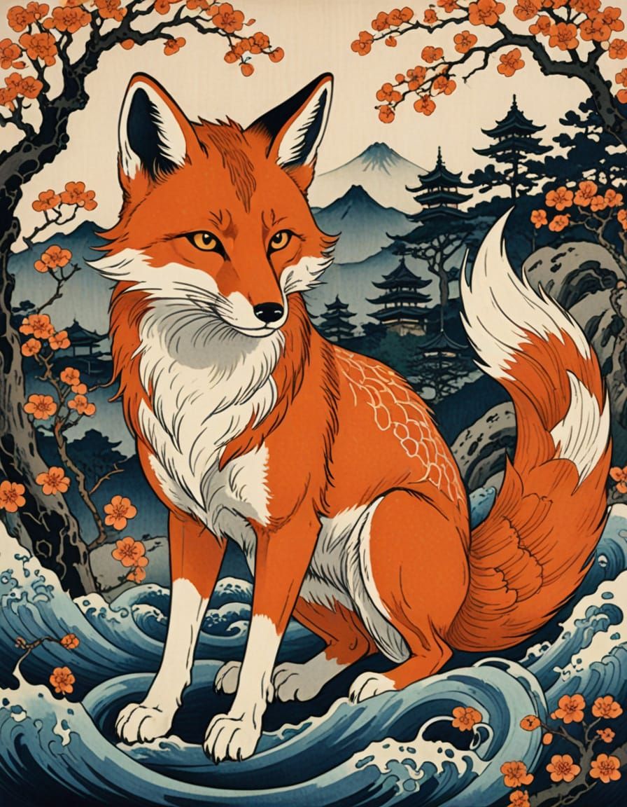 Kitsune in Ukiyo-e Style Painting
