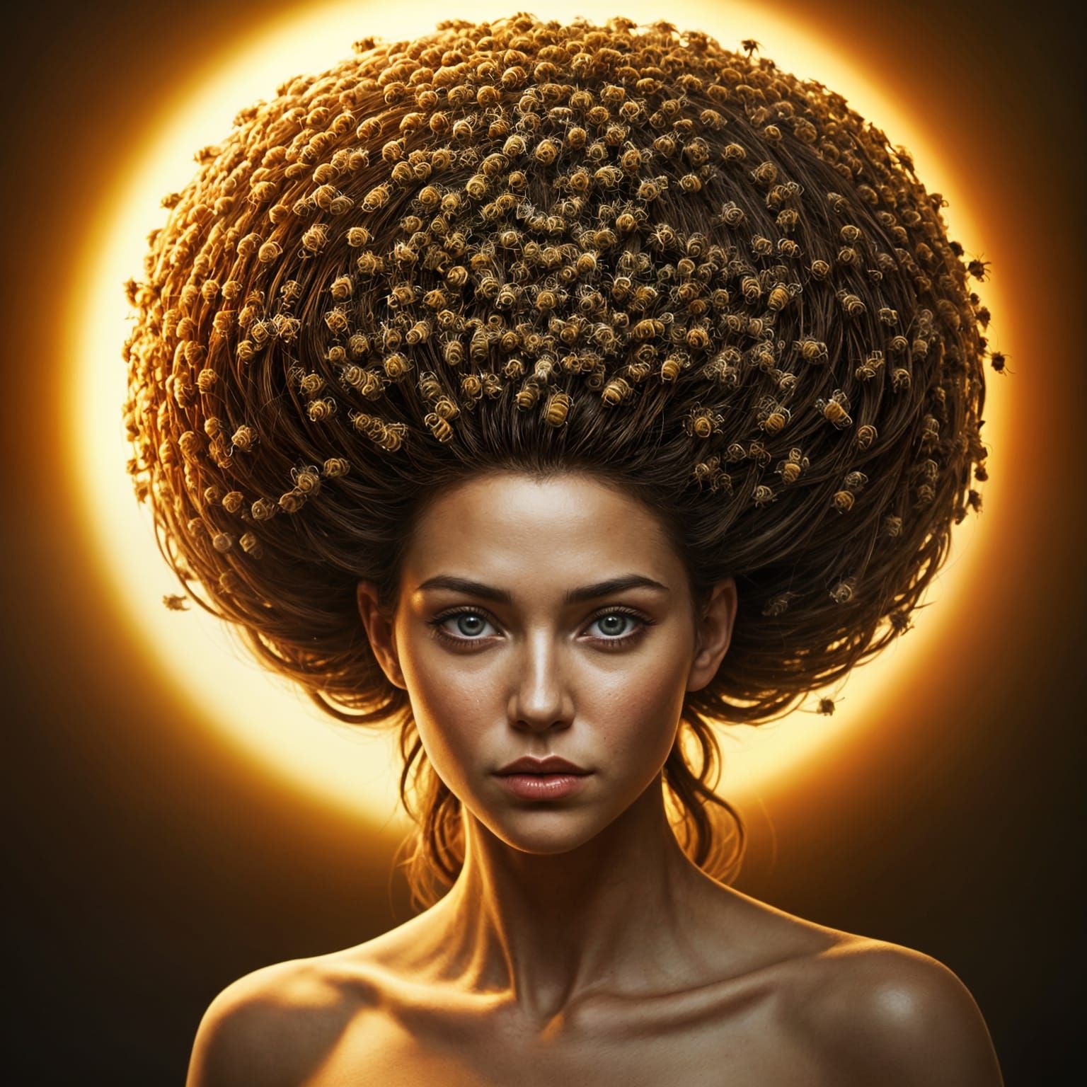 Surreal Beehive Portrait with Living Honeybees