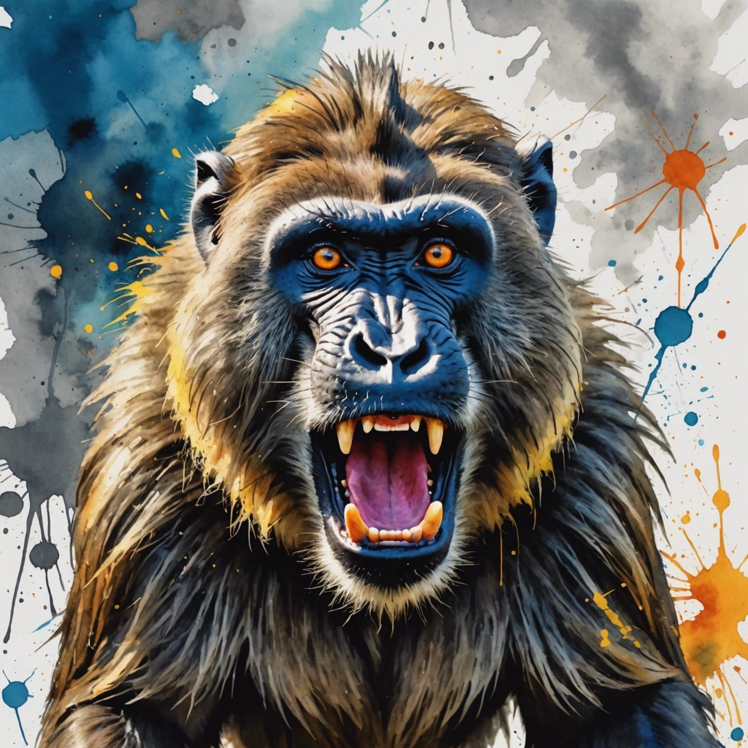 Roaring Baboon with Googly Eyes in Watercolor Style