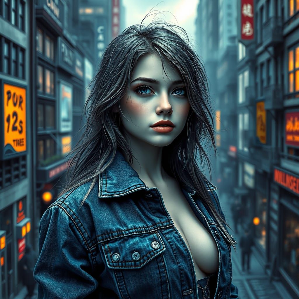 Lovely Girl in Steampunk City Landscape, in Monet Style