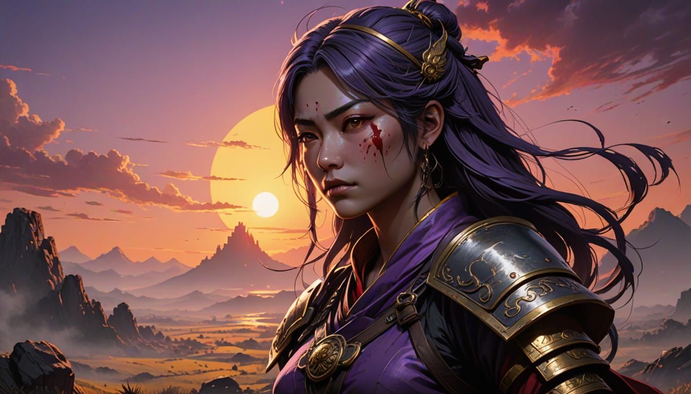 Tomoe Gozen: Dark Fantasy Samurai Sunset in Sumi-e Style