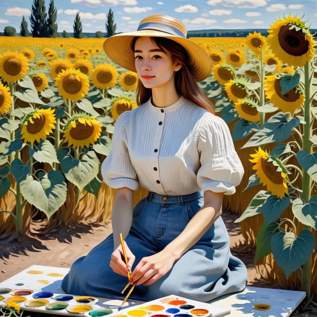 Woman Painting Sunflowers in Impressionistic Style