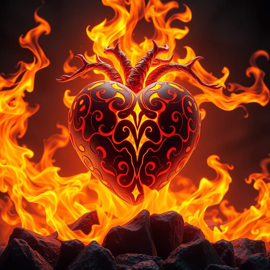 Mystical Orange-Black Heart with Dancing Flames and Ancient....