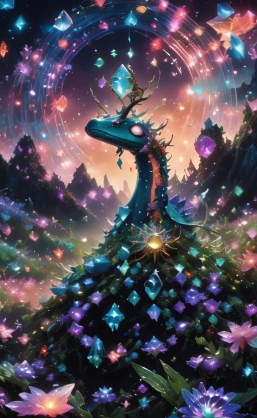 Majestic Crystal Antler Snake in Glowing Flower Field