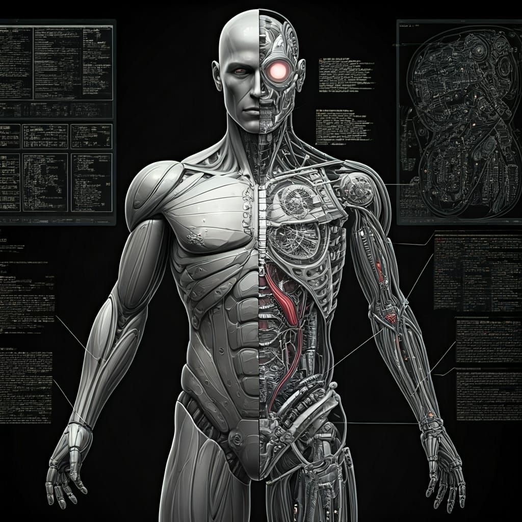 Cyborg Transformation: Futuristic Blueprint in Monochrome