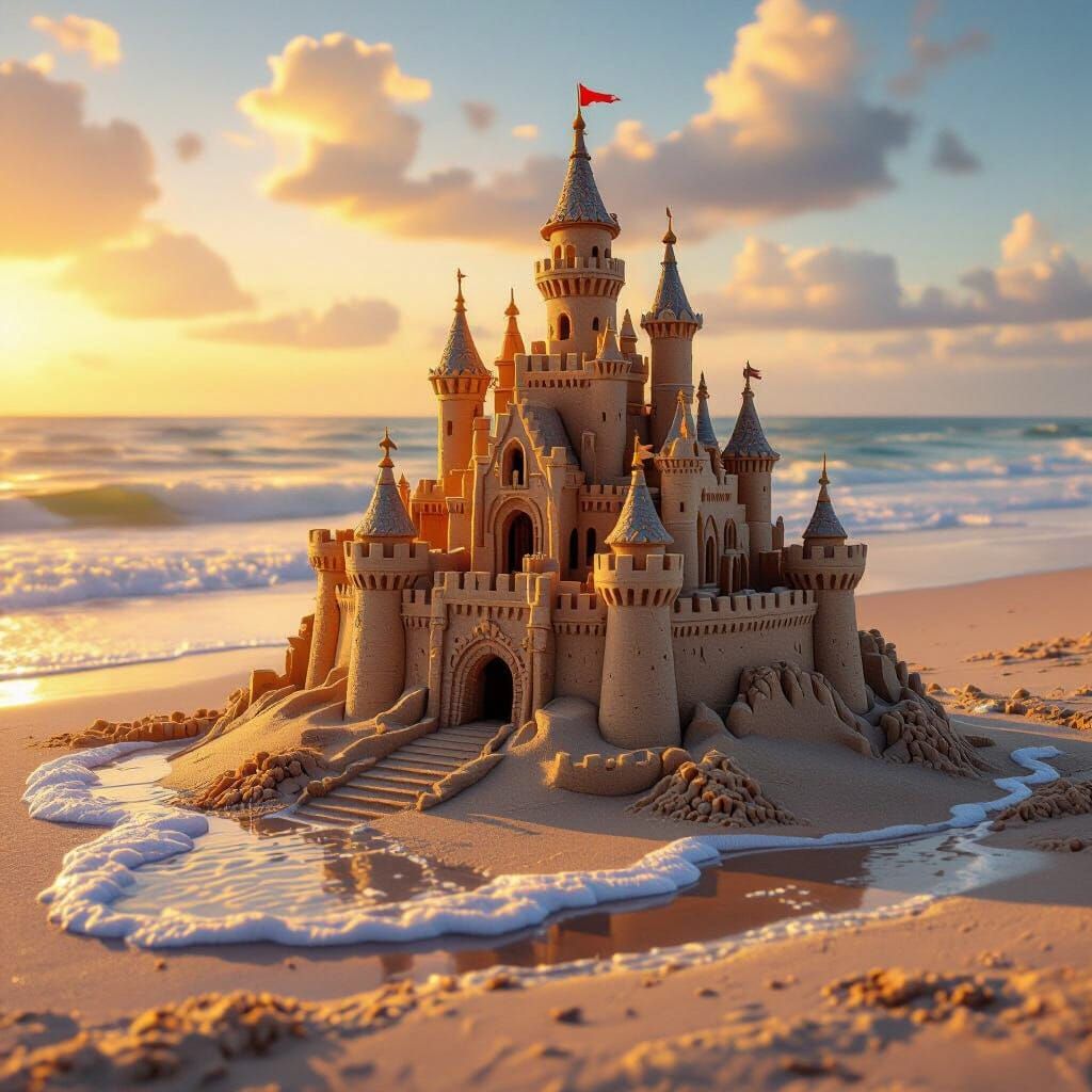 Whimsical Sandcastle Masterpiece at Golden Hour Beach Sunset