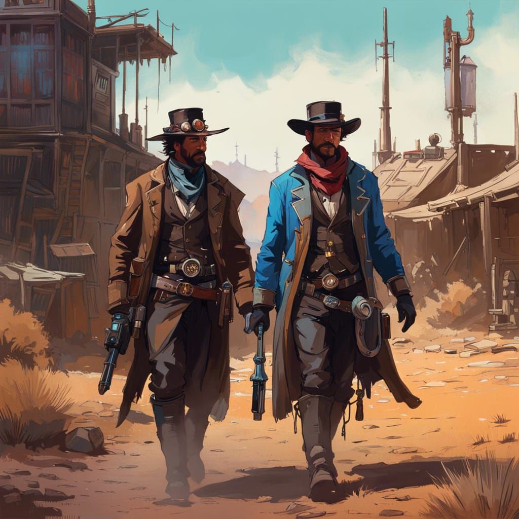 Steampunk Cowboys in Desert Town: Ink Painting