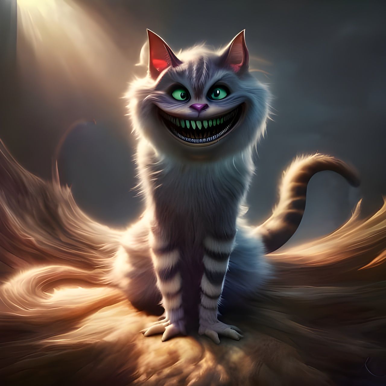 Menacing Cheshire Cat Grinning in Volumetric Lighting