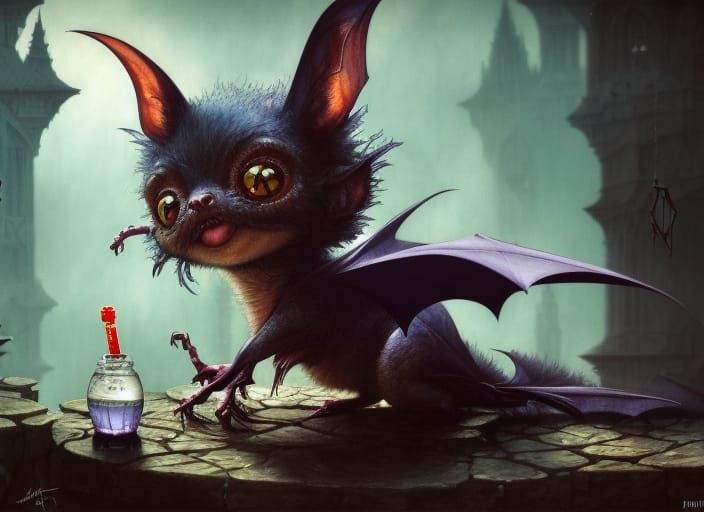 Cute Bat Brews Magic Potion: Hyperdetailed Digital Art