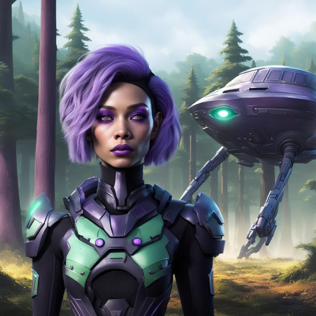 Female Alien Warrior in Forest Clearing