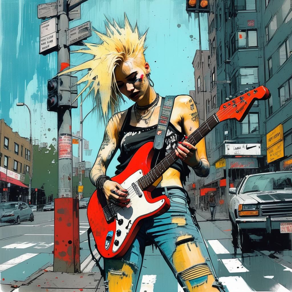 Punk Guitarist in Cyberpunk Expressionist Style