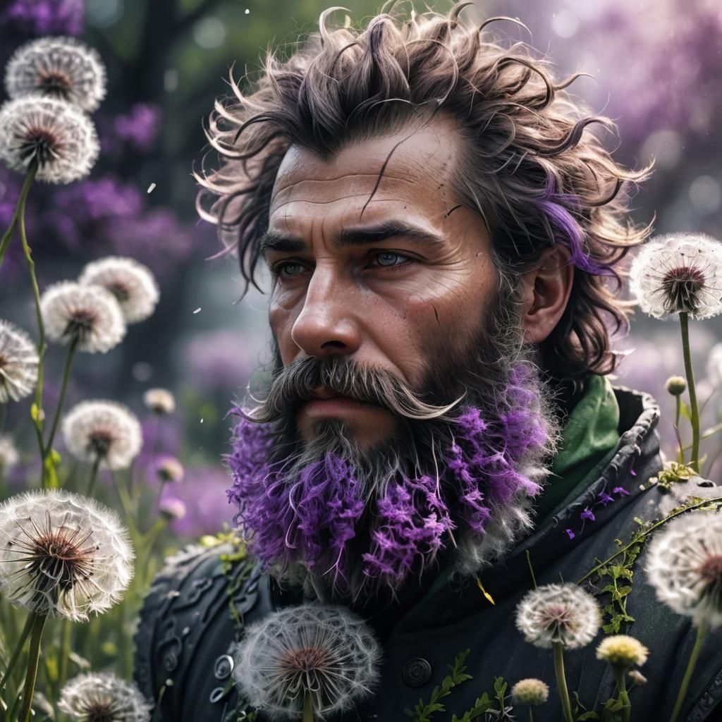 Neon Dandelion Beard: Hyperrealistic Fantasy Portrait
