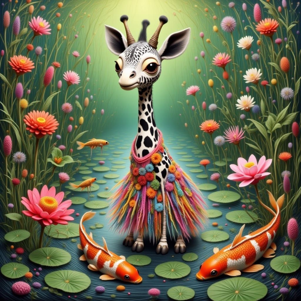 Giraffe Plays with Koi Fish in Neo-Impressionist Style