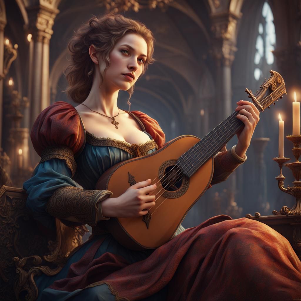 Romantic Close-Up of a Young Bard with Lute