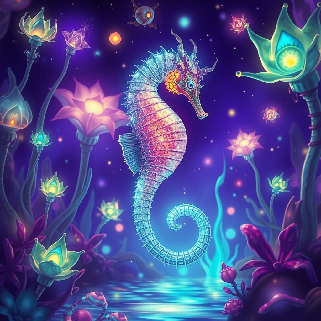 Bioluminescent Seahorse in Alien Botanical Garden